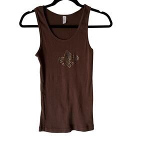 Y2k Brown Tank Top Womens Large Rhinestone Fleur De Lis Graphic Sleeveless Shirt